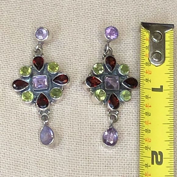 Garnet Peridot Amethyst Sterling Silver Drop Dangle Faceted Earrings - Picture 3 of 8